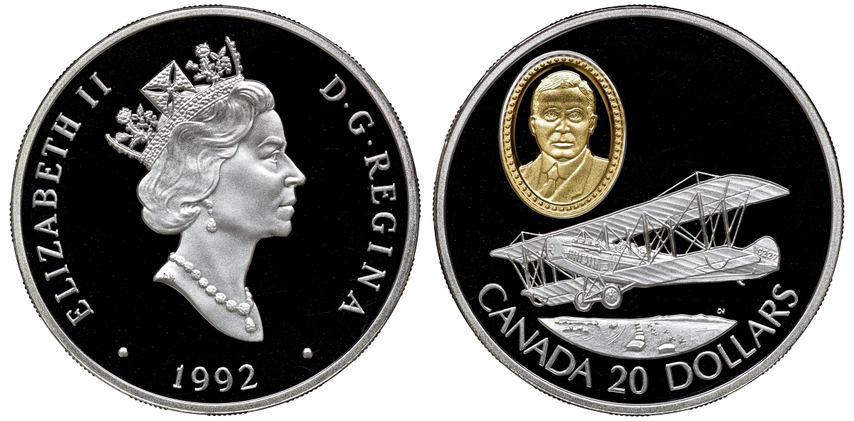 Канада 20 долларов 1992 самолет DH.60G Gipsy Moth в оригинальной коробке с сертификатом KM 225 серебро позолота PROOF 7-5-4-15