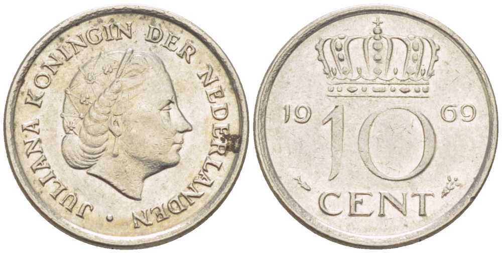 Нидерланды 10 центов 1969 Юлиана (1948-1980) KM 182 никель 214-1238