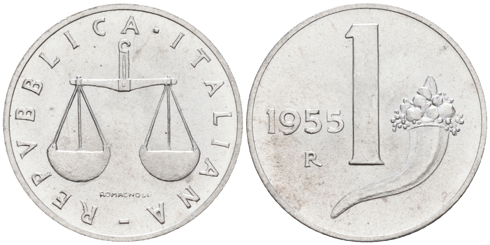 Италия 1 лира 1955 R, весы KM 91 алюминий  UNC  4594-138