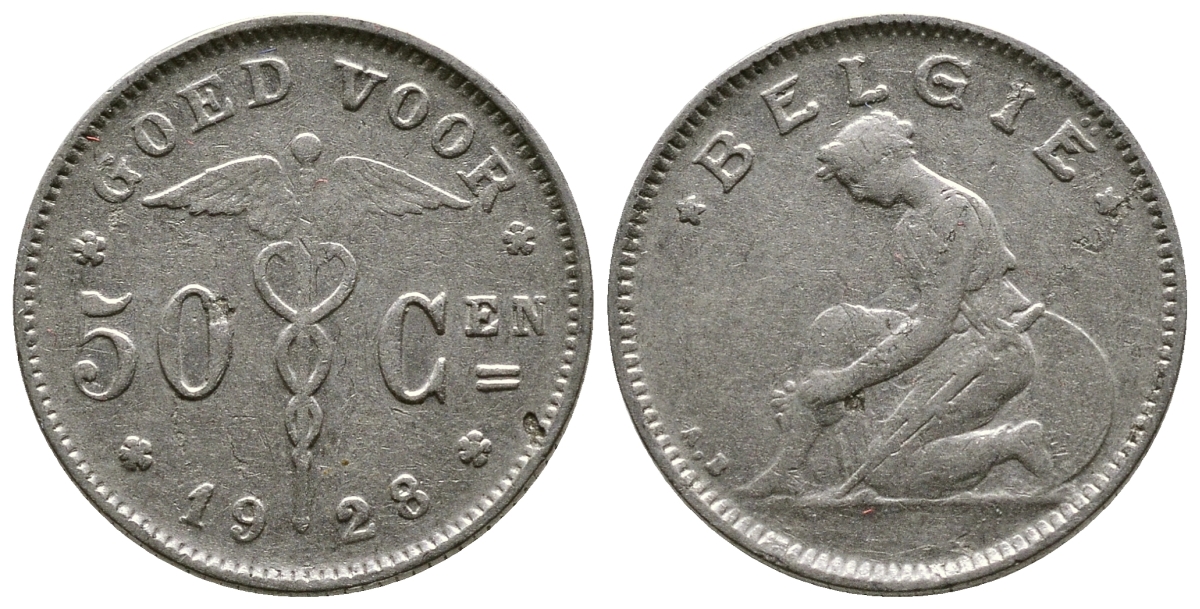 БЕЛЬГИЯ 50 САНТИМОВ 1928 BELGIE KM 88 никель 93-1017