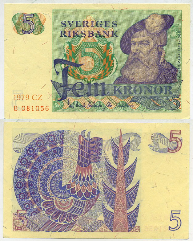 Швеция 5 крон 1979 CZ, Густав I Ваза Pick 51d бумага 444-69-3-1
