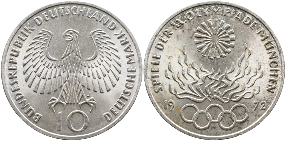ФРГ 10 марок 1972 J, XX летние Олимпийские игры 1972 года в Мюнхене, олимпийский огонь KM 135, J.405 серебро 1524-843