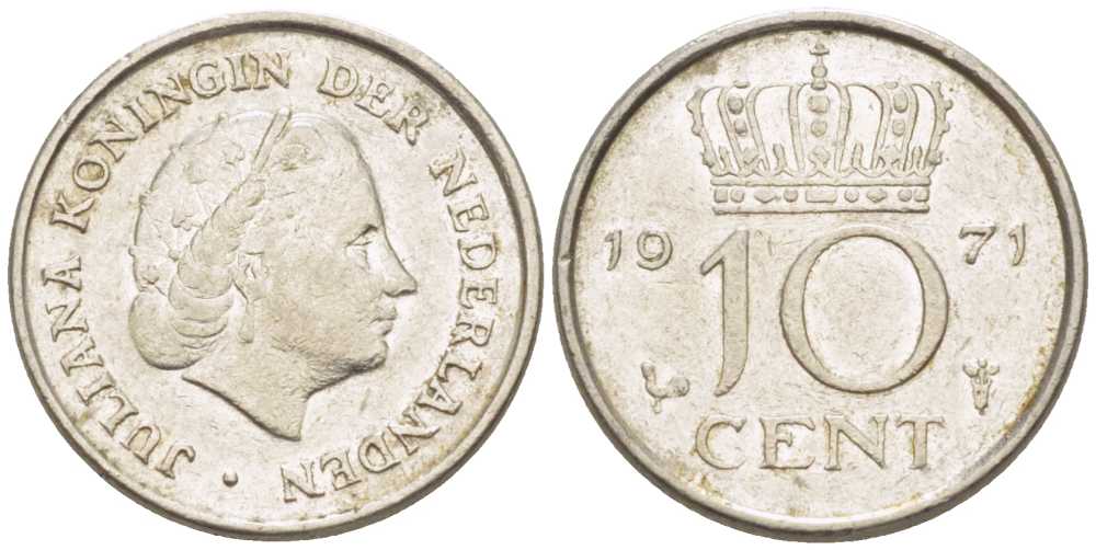 Нидерланды 10 центов 1971 Юлиана (1948-1980) KM 182 никель 214-1252