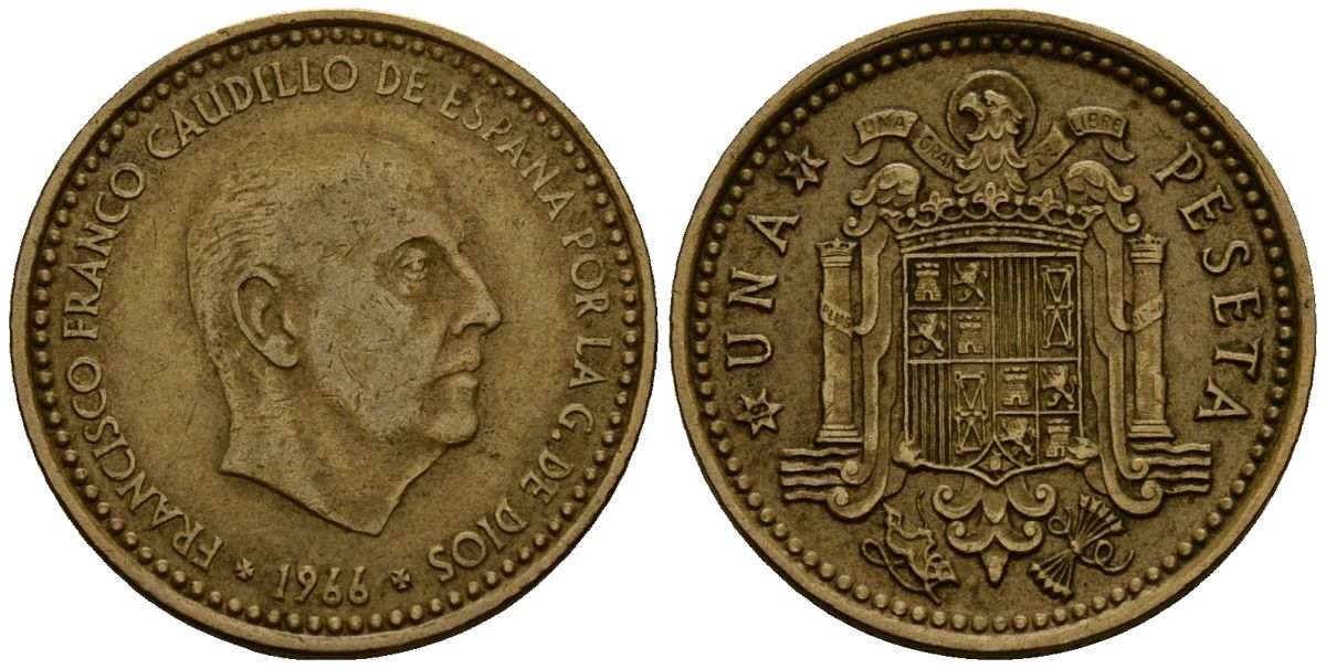 Испания 1 песета 1966 Франсиско Франко (1939-1975) KM 796 алюминиевая бронза 4176-317