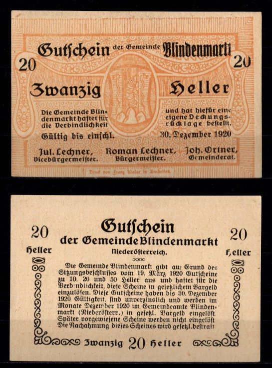 Австрия, Блинденмаркт 20 геллеров 1920 Jaksc/Pick JPR0093d-20 бумага UNC (пресс) 2193-17-1-2