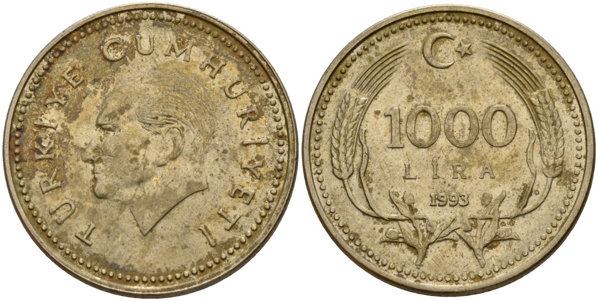 Турция 1000 лир 1993 Кеммаль Ататюрк KM 997 медь цинк никель 4156-834