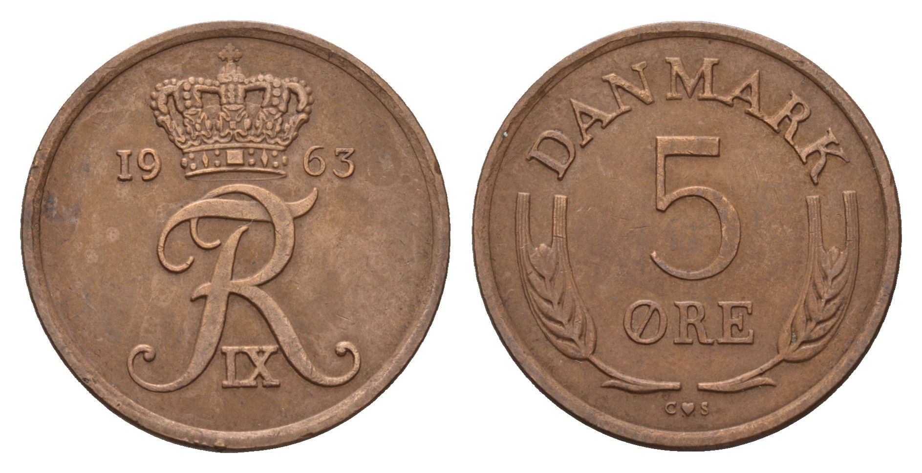 Дания 5 эре 1963 C; S, Фредерик IX (1947-1972) KM 848 бронза 3459-913