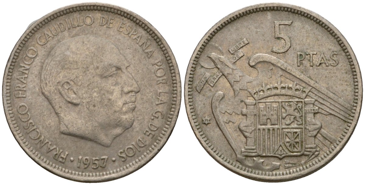 Испания 5 песет 1957 (71) Франсиско Франко (1939-1975) KM 786 медно-никель 186-722
