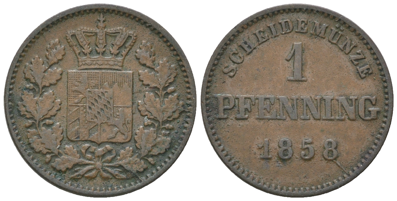 Бавария 1 пфенниг 1858 Максимилиан II (1848-1864) KM 471, AKS 161, Jaeger 91 медь 54-818