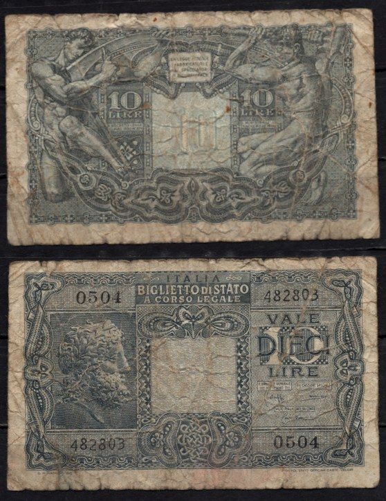 Италия 10 лир 1944 Pick 32 c бумага 2195-23-2-2
