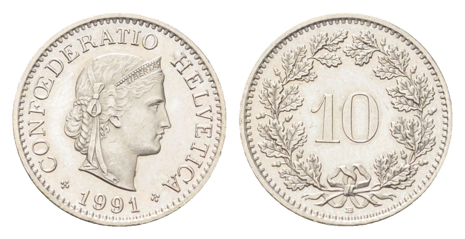 Швейцария 10 раппенов 1991 B KM 27 медно-никель 4708-234