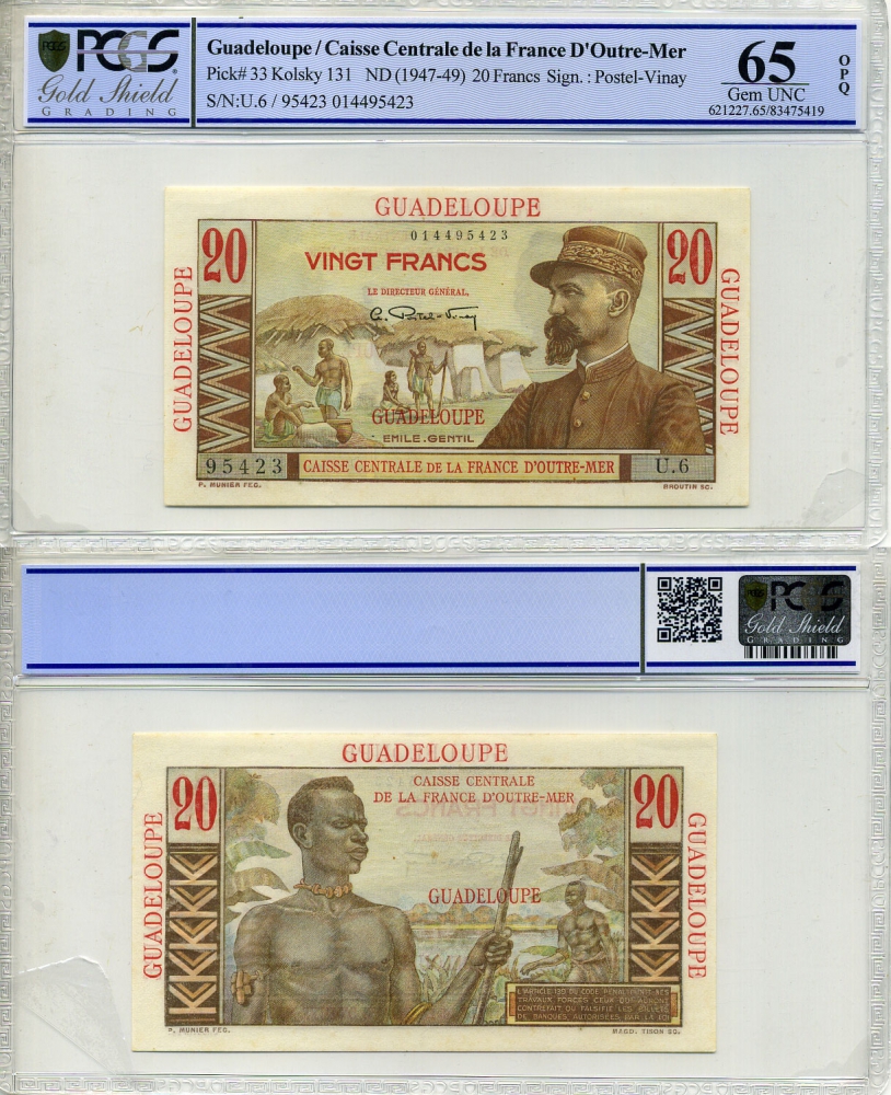 Гваделупа  20 франков 1947-1949 африканская деревня, в слабе PCGS 65 Gem UNC Pick 33 бумага UNC (пресс) 00-00
