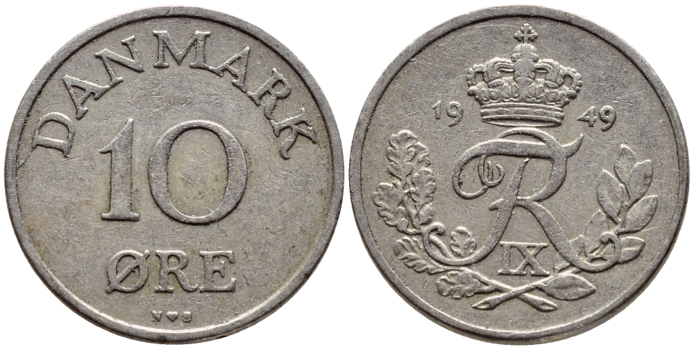 ДАНИЯ 10 ЭРЕ 1949 N; S, ФРЕДЕРИК IX (1947-1972) KM 841.1 медно-никель 4398-912