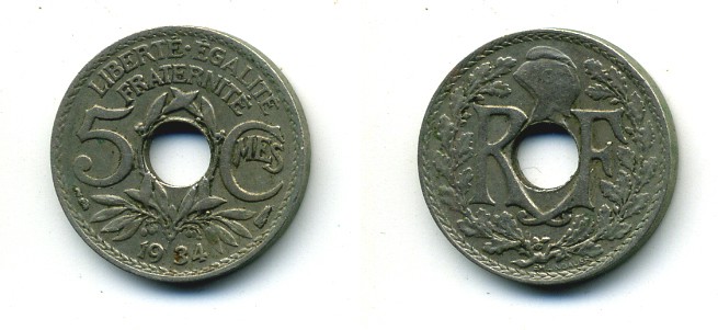 ФРАНЦИЯ 5 САНТИМОВ 1934 ТИП ЛИНДАЙЁ KM 875 медно-никель 84-312