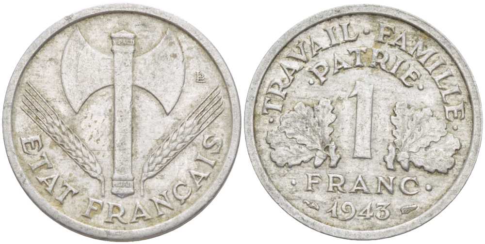 ФРАНЦИЯ 1 ФРАНК 1943 LB, ТИП LEGERE, ПРАВИТЕЛЬСТВО ВИШИ KM 902.1, LE FRANC 223.3 алюминий 212-923