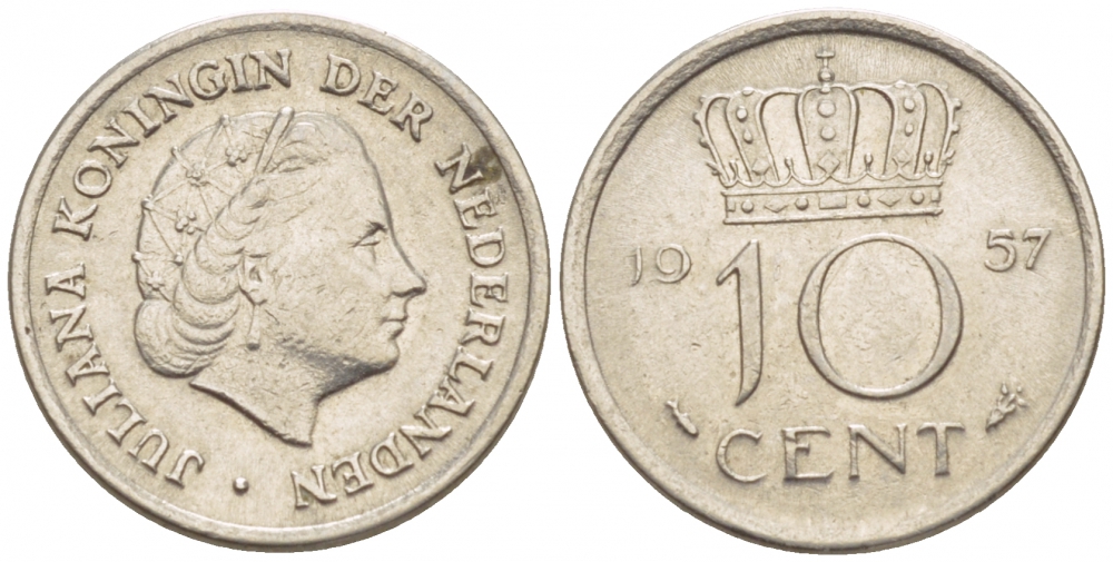 Нидерланды 10 центов 1957 Юлиана (1948-1980) KM 182 никель 4547-828