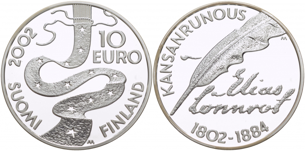 Финляндия 10 евро 2002 Элиас Леннрот, лингвист KM 108 серебро PROOF 11-166-32