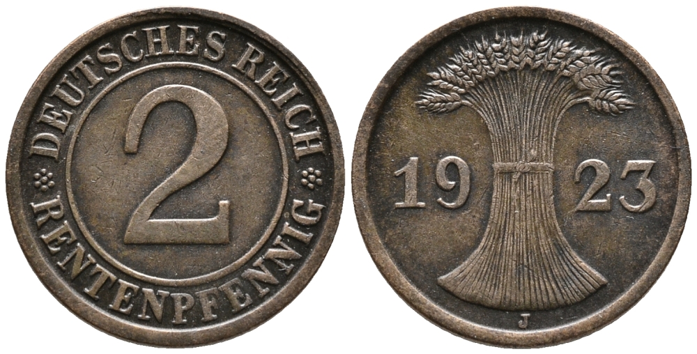 ГЕРМАНИЯ 2 РЕНТЕНПФЕННИГА 1923 J KM 31, J. 307 бронза 24-427