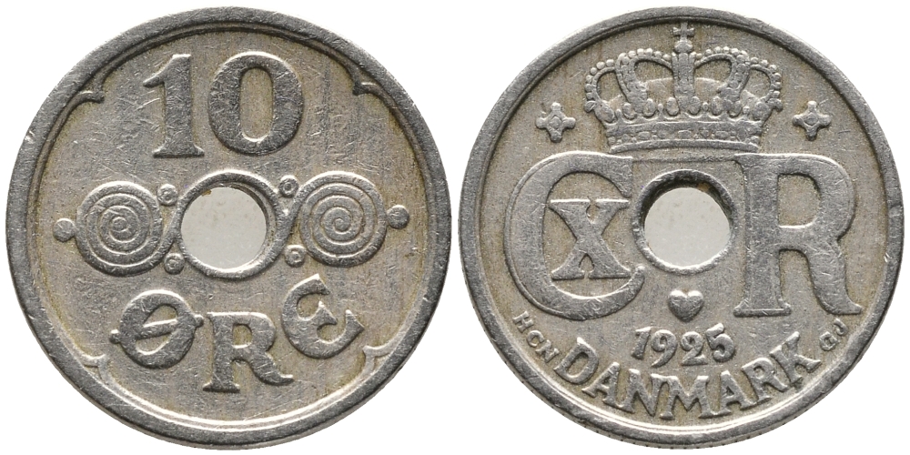 ДАНИЯ 10 ЭРЕ 1925 HCN; GJ, КРИСТИАН X (1912-1947) KM 822.1 медно-никель 100-717