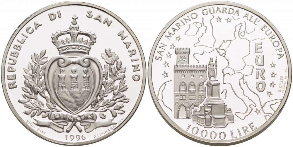 Сан-Марино 10000 лир 1996 Европарламент и карта KM 342 серебро PROOF 1068-3-34