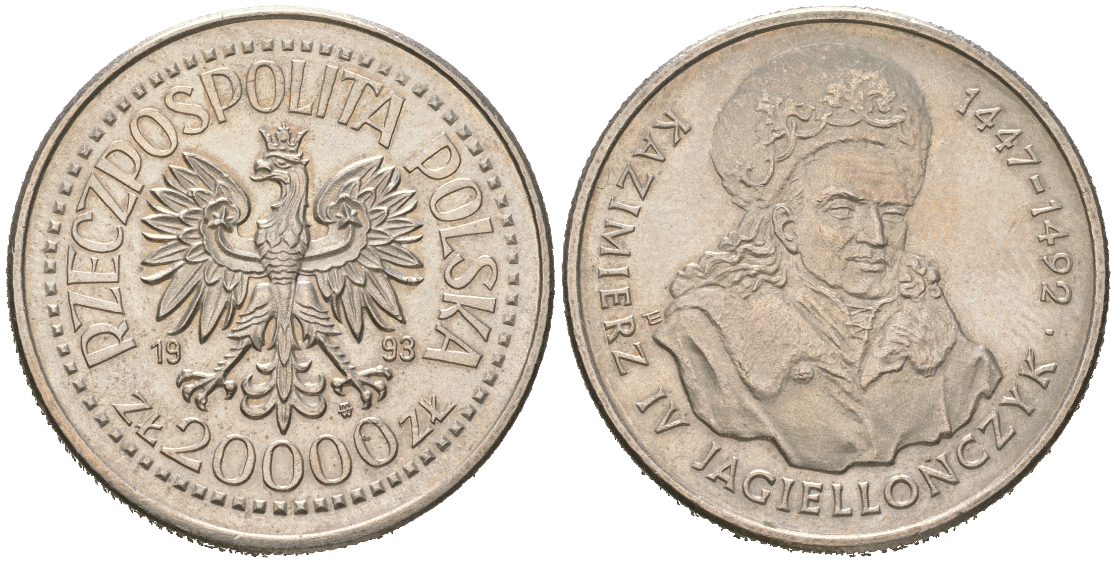 Польша 20000 злотых 1993 серия Польские короли, Казимир IV Ягайлович (1447-1492) KM 256 медно-никель  UNC 4512-1114