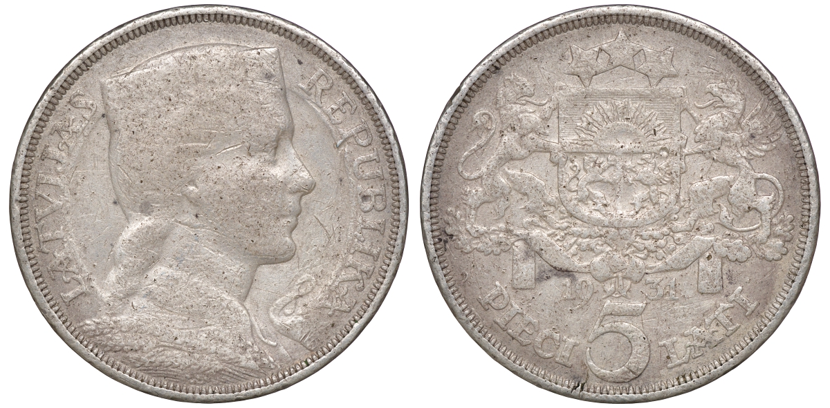 Латвия 5 латов 1931 девушка KM 9 серебро 1530-111