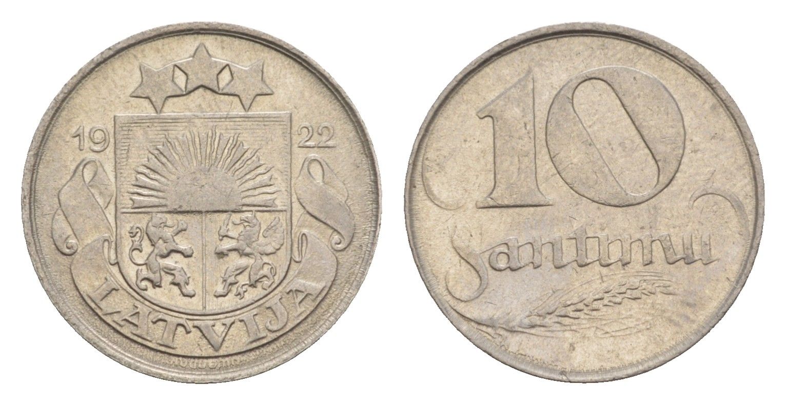 Латвия 10 сантимов 1922 год-тип KM 4 никель 4658-1217