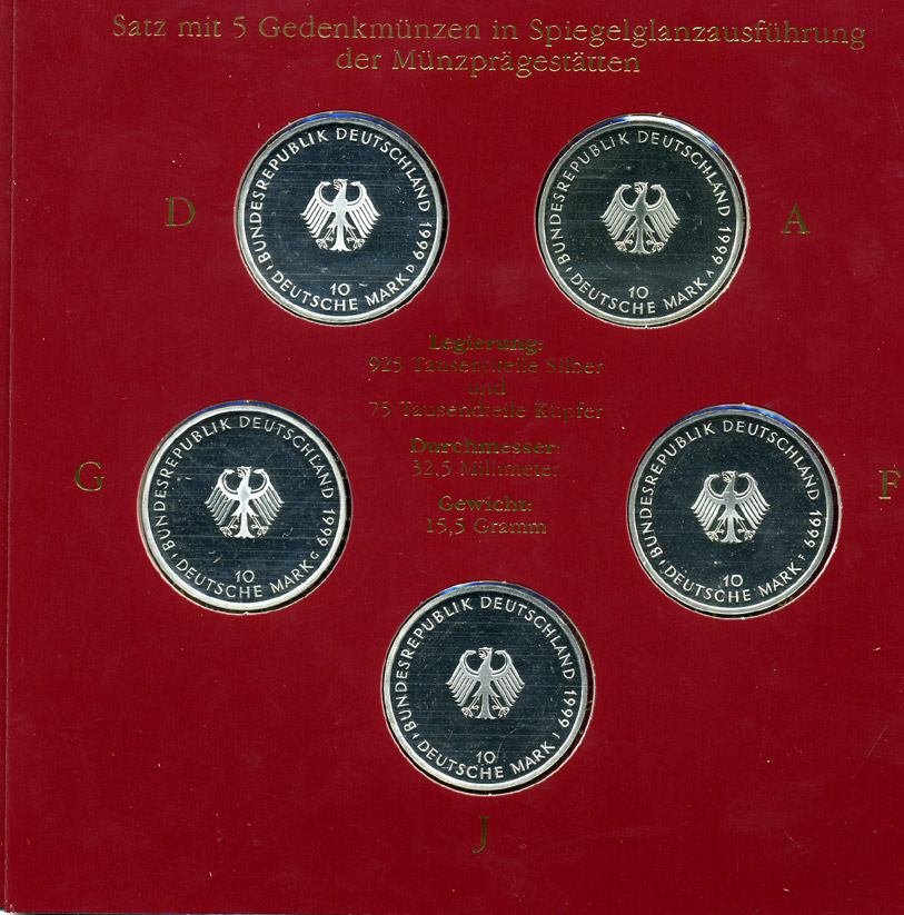 ФРГ набор из 5 штук по 10 марок 1999 A, D, F, G, J, 50 лет конституции ФРГ KM 196 серебро PROOF 6-5-2-7