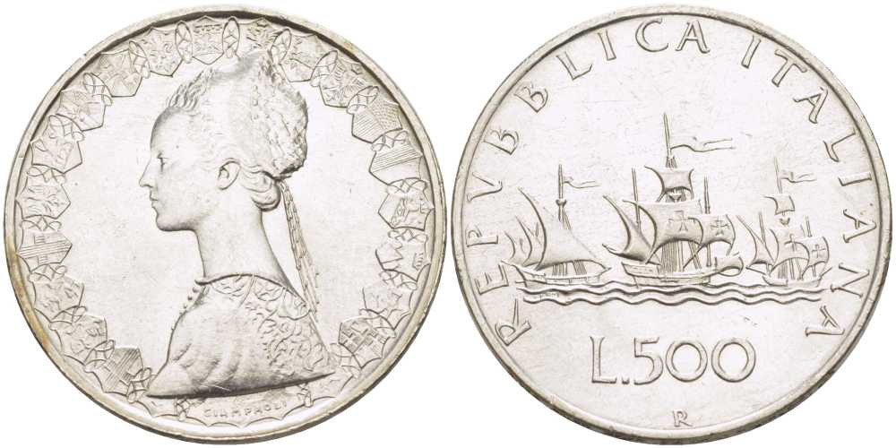 Италия 500 лир 1959 R, корабли Колумба KM 98 серебро 79-221