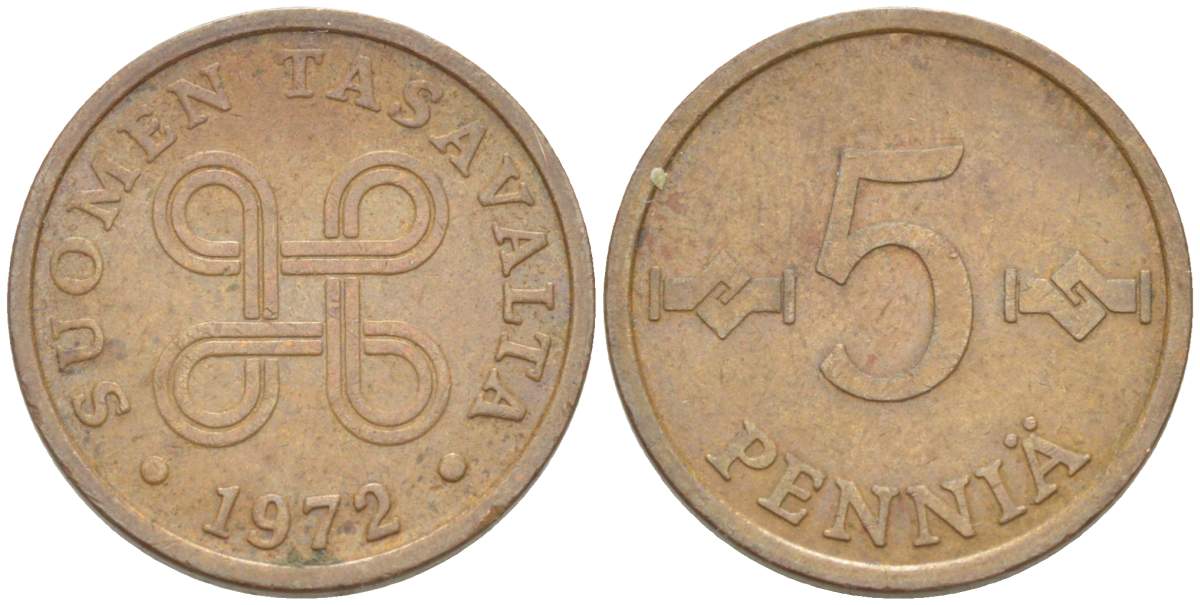 ФИНЛЯНДИЯ 5 ПЕННИ 1972 KM 45 медь 4516-1262