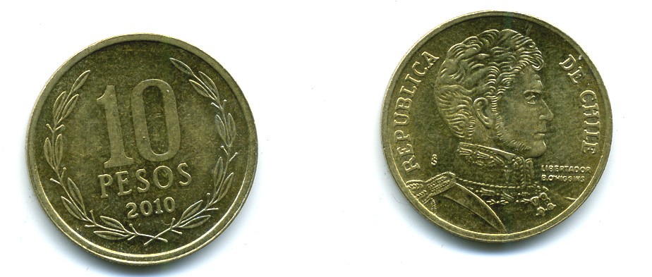 ЧИЛИ 10 ПЕСО 2010 ГЕНЕРАЛ БЕРНАРДО О ХИГГИНС KM 228.2 никель-бронза 37-915
