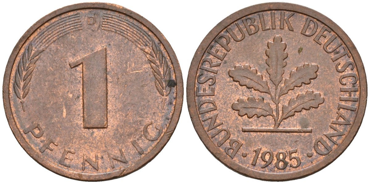 ФРГ 1 пфенниг 1985 D KM 105, J.380 сталь плакированная медью 3309-1115