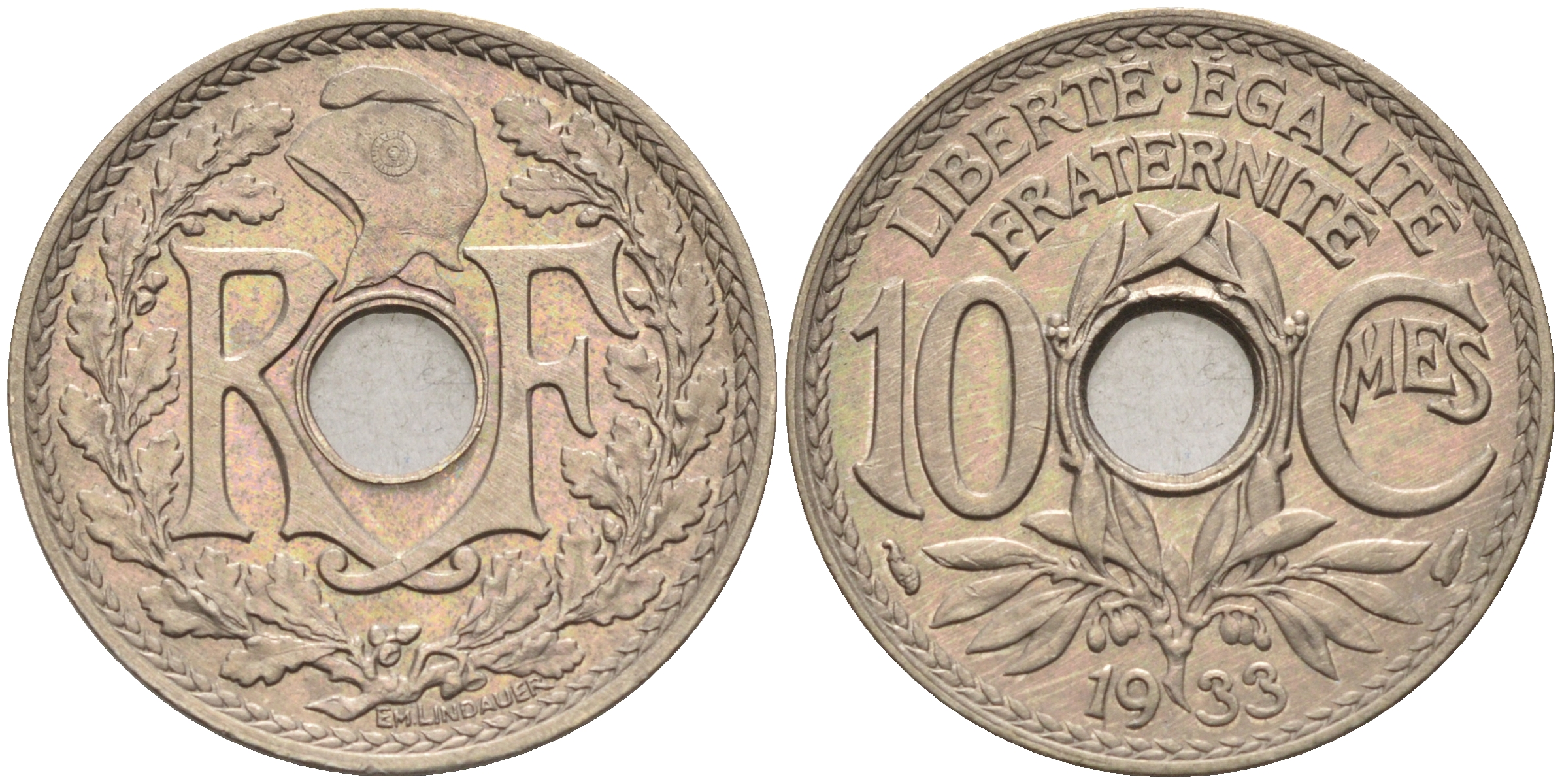 Франция 10 сантимов 1933 тип Линдайё KM 866а медно-никель 4116-457