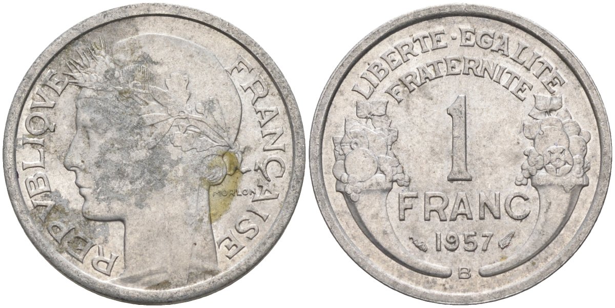 Франция 1 франк 1957 В, тип Lourde KM 885а.2, Le Franc 221.20 алюминий 4126-911