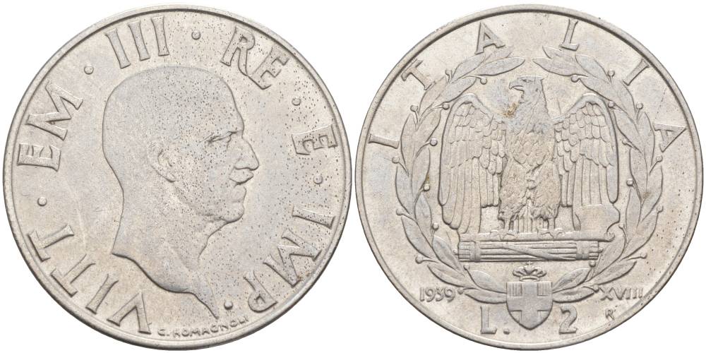ИТАЛИЯ 2 ЛИРЫ 1939 R, ГОД XVIII, ВИКТОР ЭММАНУИЛ III (1900-1946), немагнитная, ГУРТ РИФЛЁНЫЙ KM78a, VEM3. 1153 a) нержавеющая сталь 3855-235