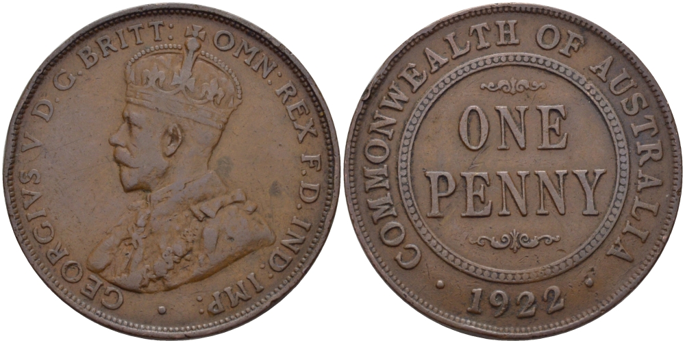 АВСТРАЛИЯ 1 ПЕННИ 1922 ГЕОРГ V KM 23 бронза 82-716