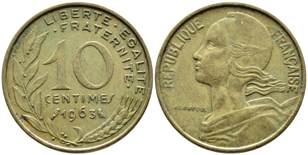 ФРАНЦИЯ 10 САНТИМОВ 1963 ТИП MARIANE KM 929, LE FRANC 144.3 алюминиевая бронза 4393-155