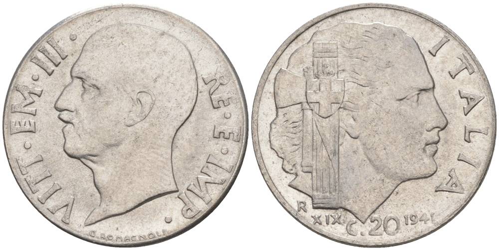 ИТАЛИЯ 20 ЧЕНТЕЗИМО 1941 R, ГОД XIX, ВИКТОР ЭММАНУИЛ III (1900-1946) KM 75b, VEM3. 1028 нержавеющая сталь 3853-822