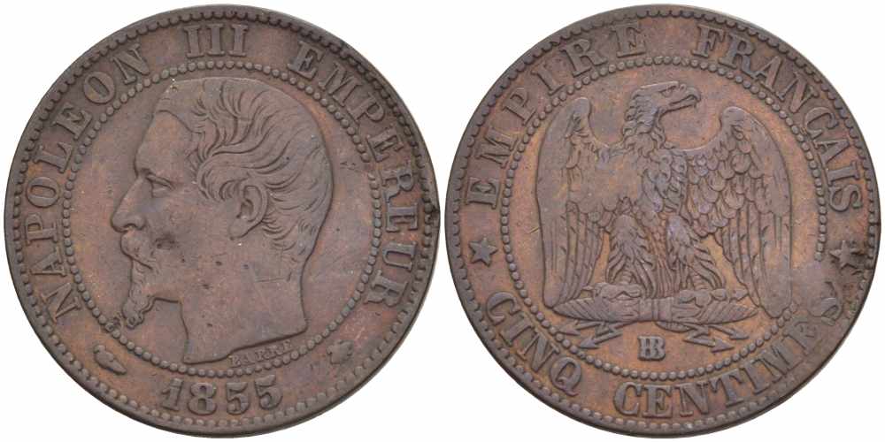 Франция 5 сантимов 1855 BB, Наполеон III (1852-1870) KM 777.3, LE FRANC 116.20 бронза 108-324