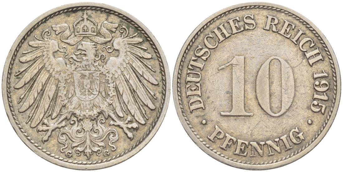 ГЕРМАНИЯ 10 ПФЕННИГОВ 1915 G, САМАЯ РЕДКАЯ МОНЕТА ЭТОГО ТИПАЖА KM 12, Jager 13, Weege 8 медно-никель 1520-1224