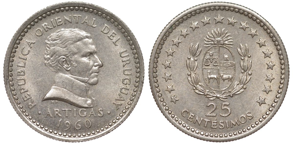 Уругвай 25 сентесимо 1960 KM 40 медно-никель 4580-1265