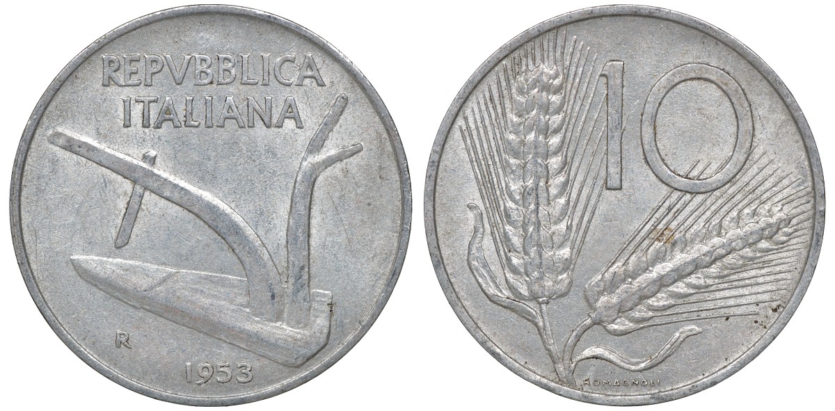 Италия 10 лир 1953 R, плуг, колосья KM 93 алюминий 4163-352