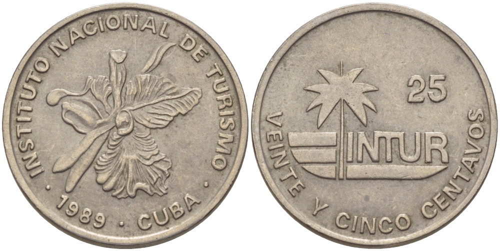 Куба 25 сентаво 1989 туристические деньги, INTUR, цифры номинала маленькие KM 418.2 медно-никель 67-1143