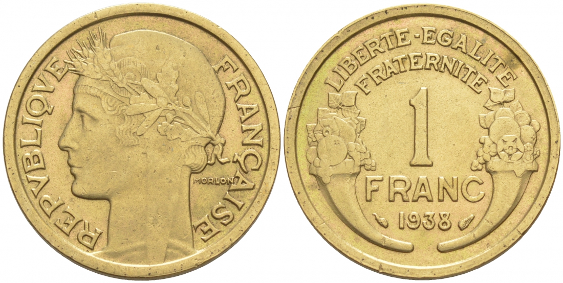 ФРАНЦИЯ 1 ФРАНК 1938 ТИП MORLON KM 885, LE FRANC 219.9 алюминиевая бронза 186-313