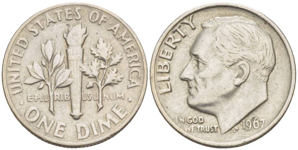 США 10 центов (дайм) 1967 Рузвельт KM 195a медь плакированная медно-никелем 4551-147