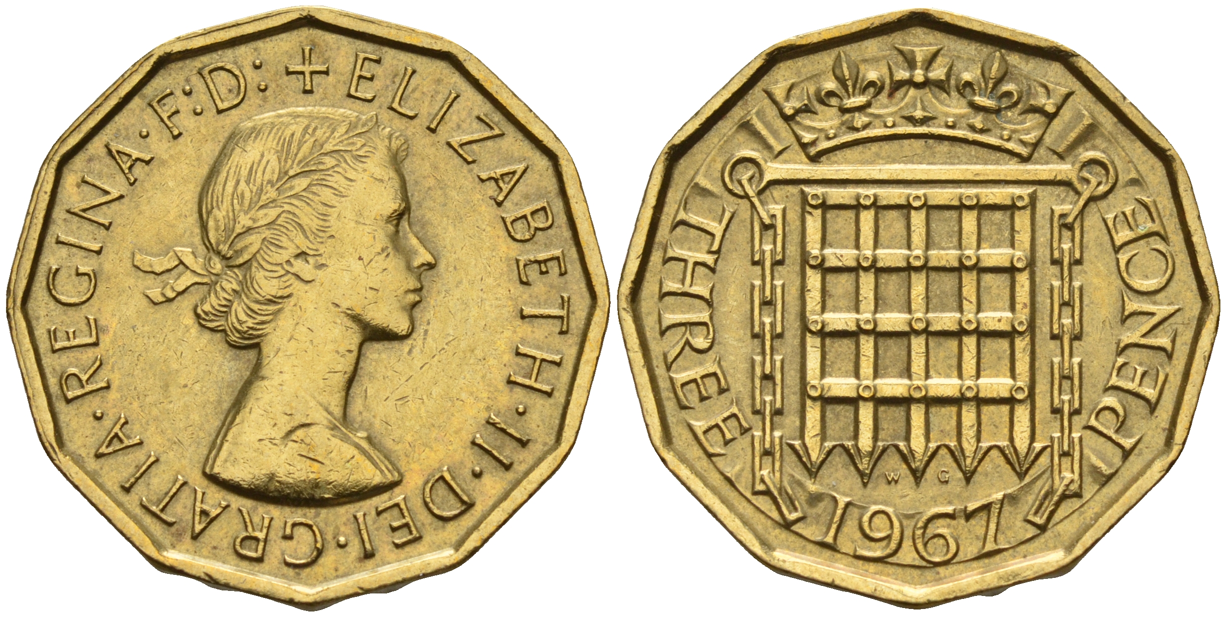 Великобритания 3 пенса 1967 Елизавета II (1952-2022) KM 900, Spink 4153 никель латунь  4153-334