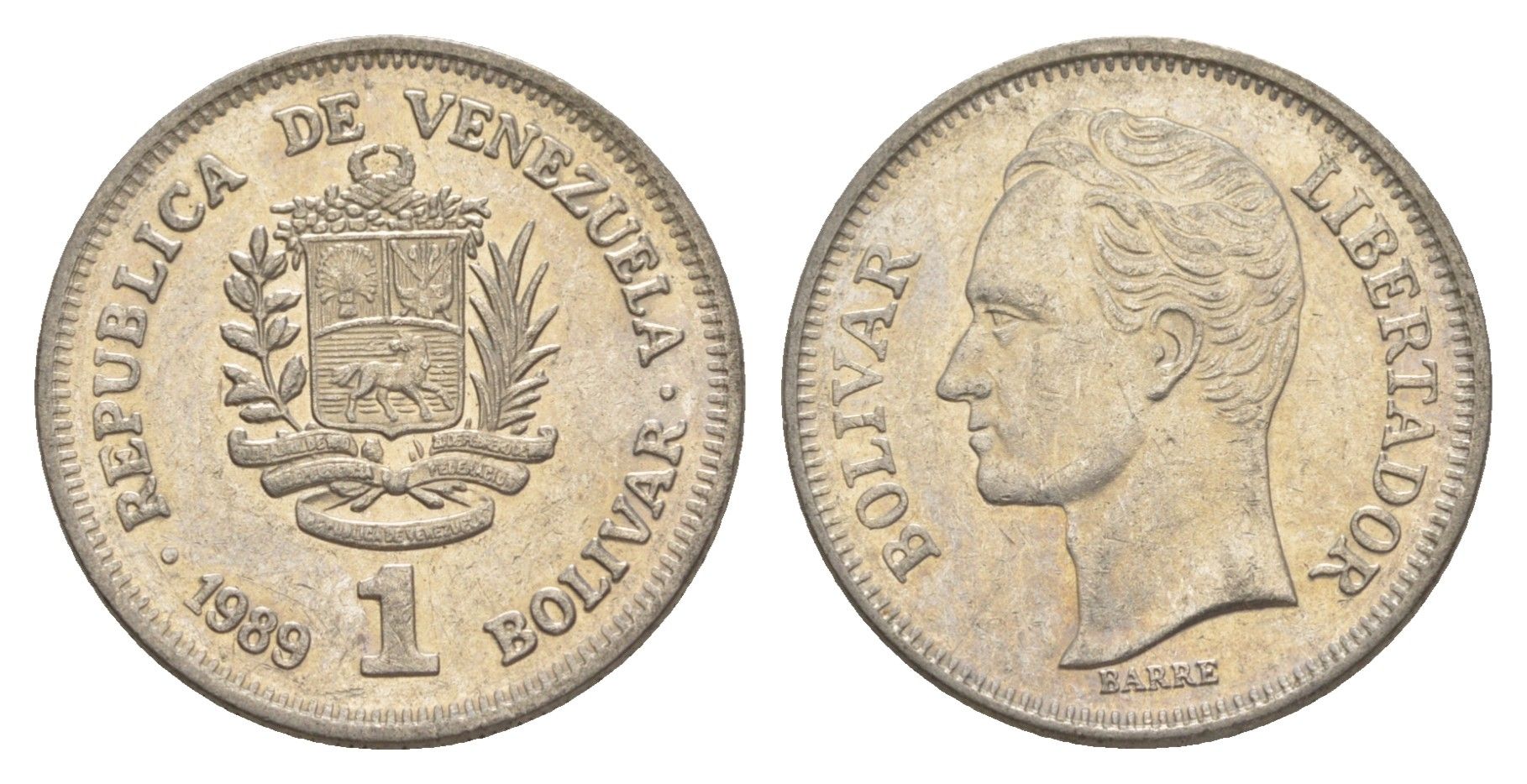 Венесуэла 1 боливар 1989 Симон Боливар, тонкий шрифт Y 52a.1 сталь плакированная никелем 4589-512