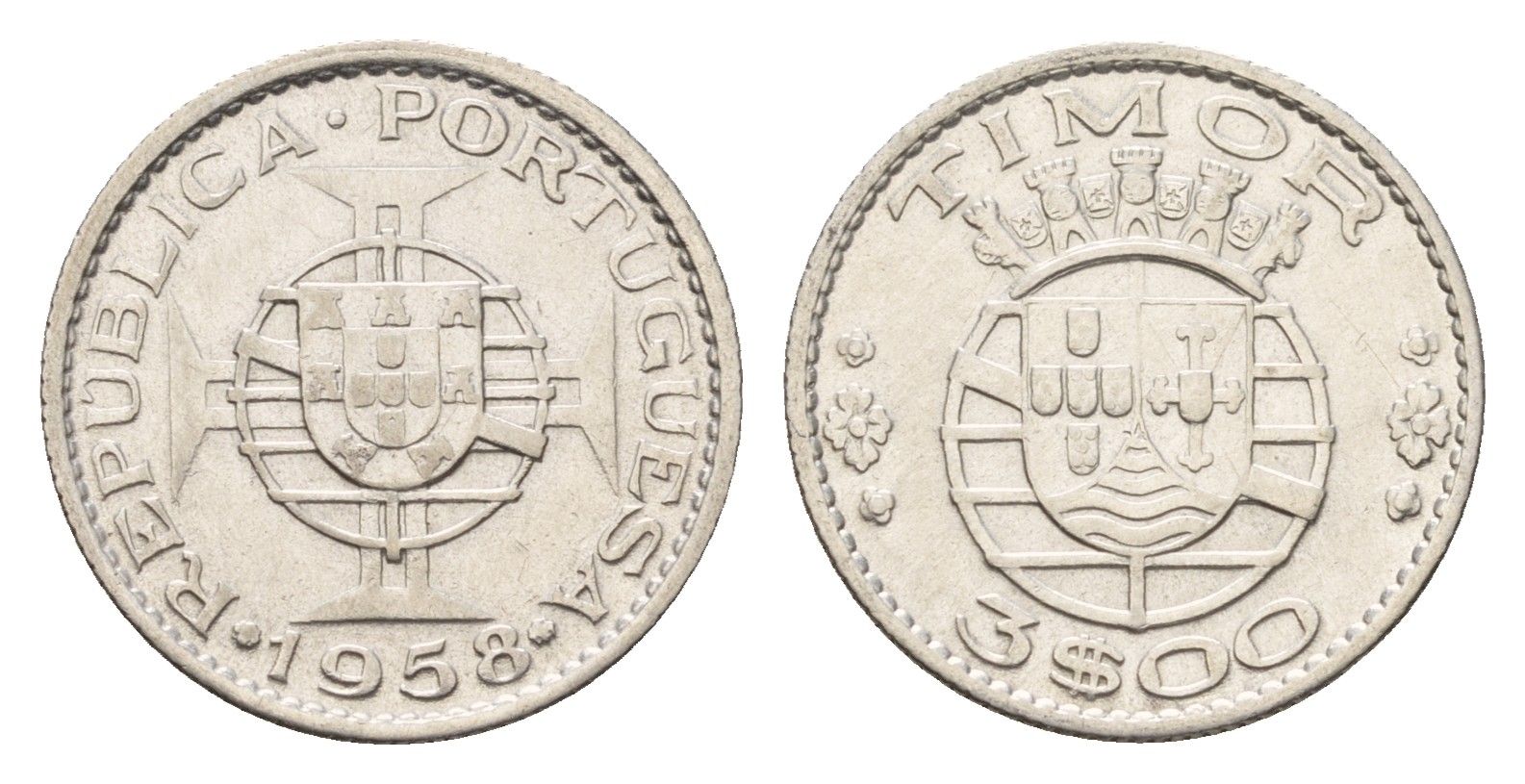 Португальский Тимор 3 эскудо 1958 год-тип KM 14 серебро 4669-763