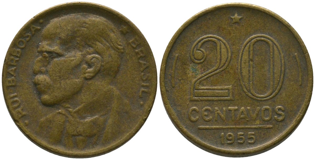 Бразилия 20 сентаво 1955 Руй Барбоза ди Оливейра KM 562, Schon 67 алюминиевая бронза 4567-936