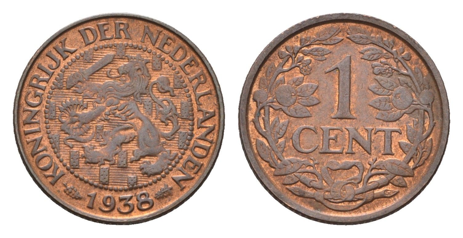 Нидерланды 1 цент 1938 Вильгельмина (1890-1948) KM 152 бронза UNC 44-1067